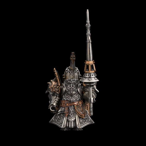An armored knight holding a long lance rotates against a black background.