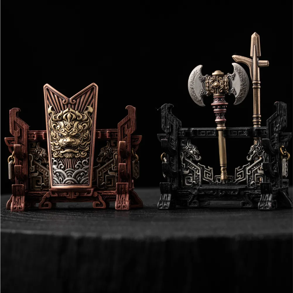 Weapon Stand displayed with a shield and miniature weapons