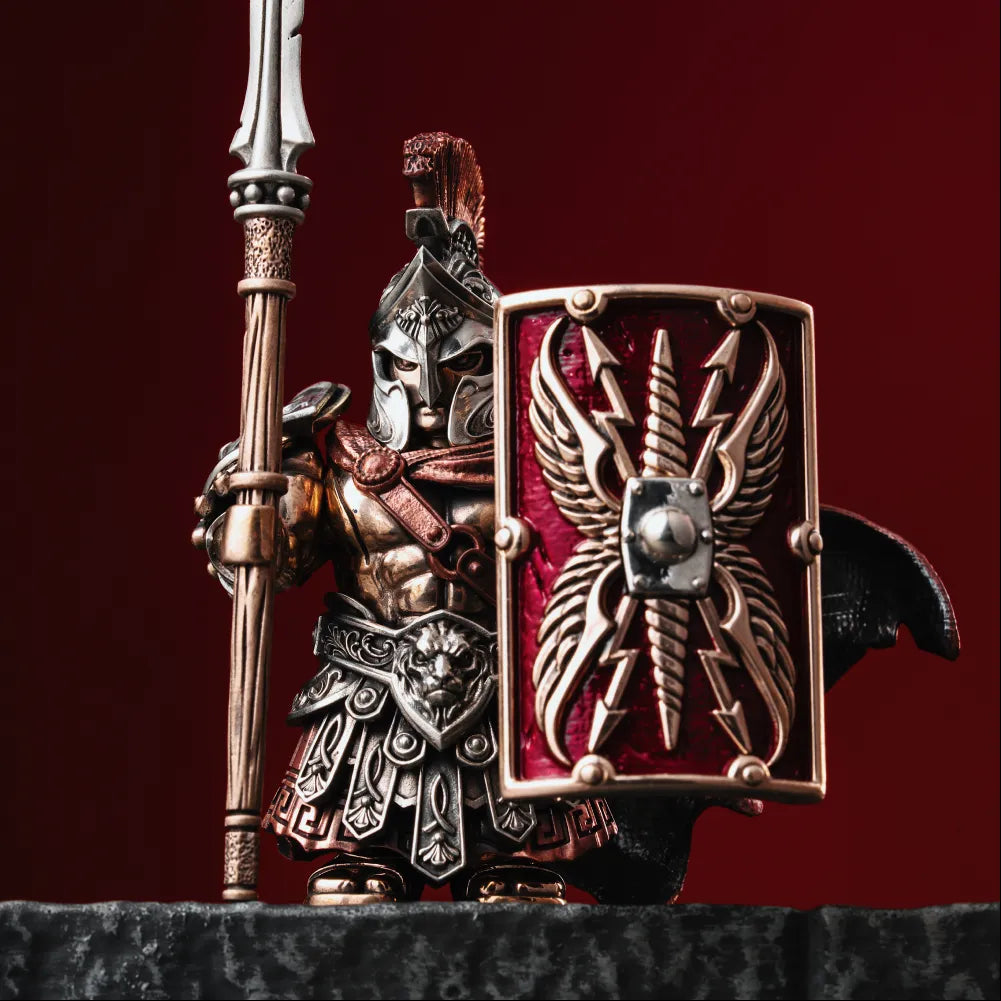 Armored figure holding an Aegis of Jupiter shield and a spear