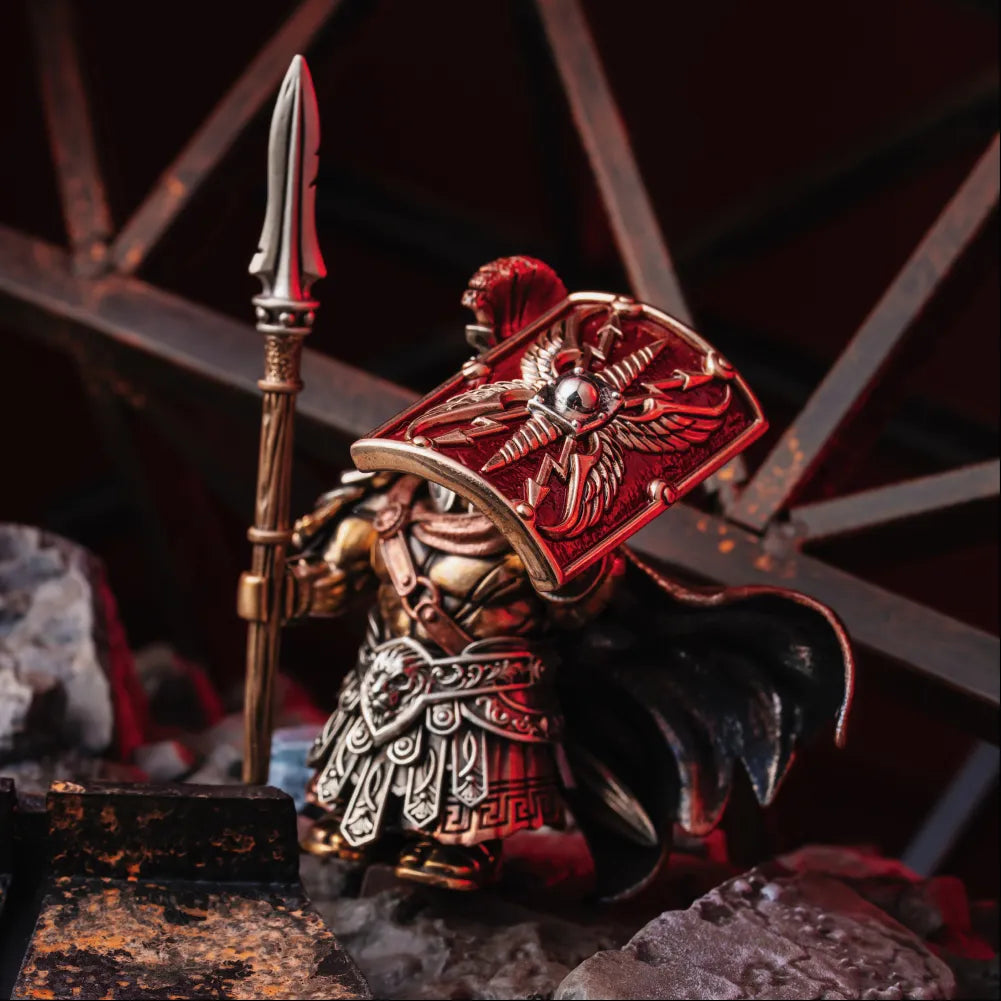 Armored figure holding an Aegis of Jupiter shield and a spear