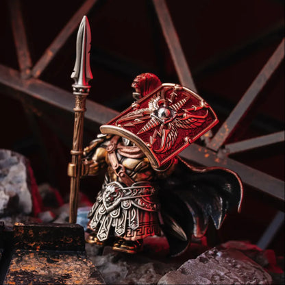 Armored figure holding an Aegis of Jupiter shield and a spear