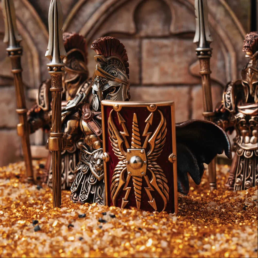 Formation of armored figures holding rectangular shields