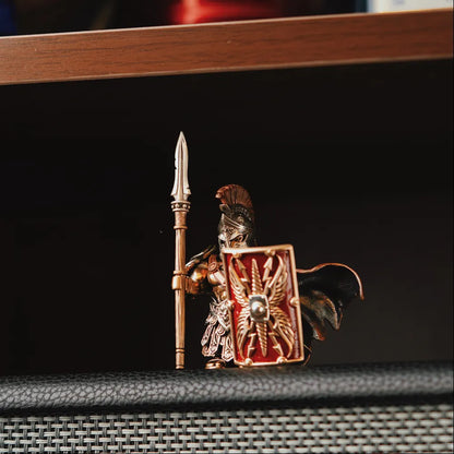 Armored figure holding an Aegis of Jupiter shield and a spear