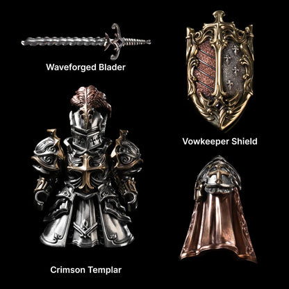 Crimson Templar figure, helmet, cape, sword and shield arranged on black