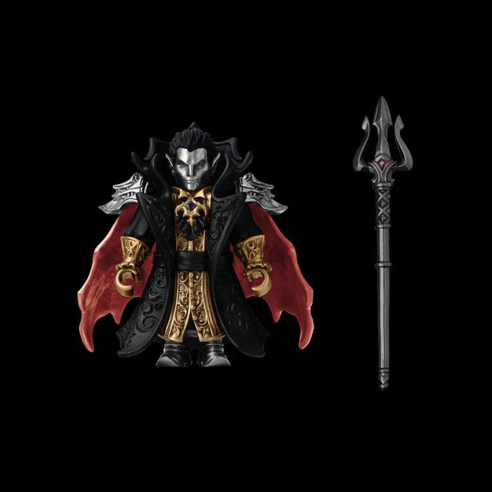 Crimson Vampire figure and trident against a black background