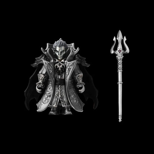Crimson Vampire figure and trident against a black background