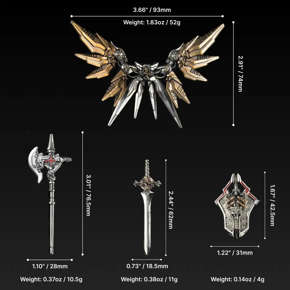 Crusader wings, axe, sword and shield measured dimensions
