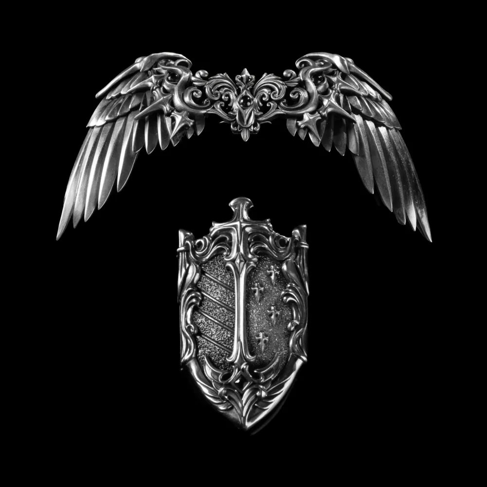 Vowkeeper Shield and a winged ornament against black