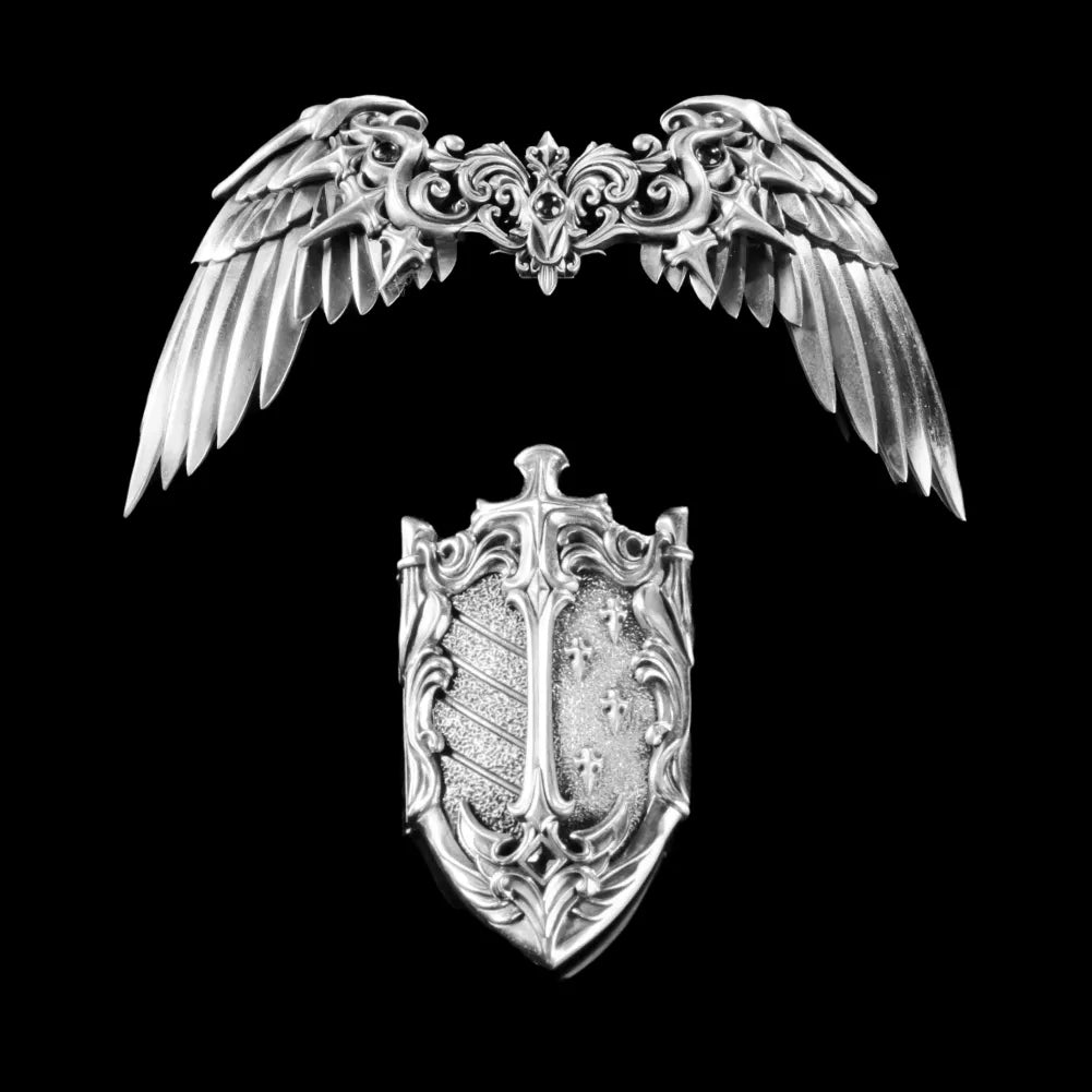 Vowkeeper Shield and a winged ornament against black