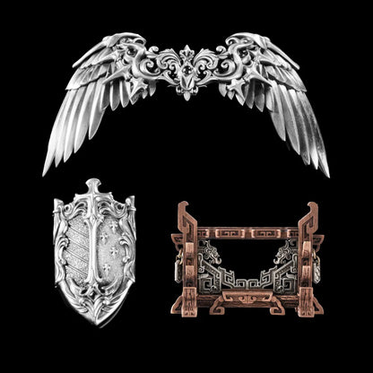 Vowkeeper Shield, winged ornament and Weapon Stand against black