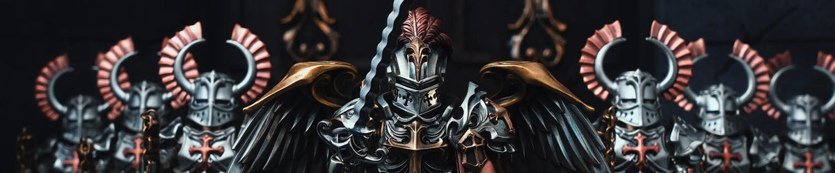 A winged knight miniature in front of a row of horned warrior figures.