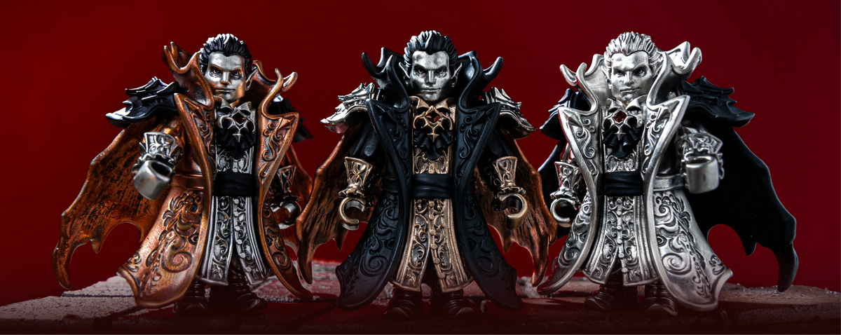 Three armored figures in different finishes against a red background