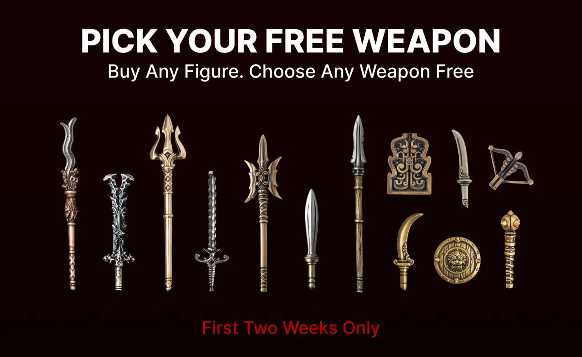 Miniature weapons beneath Pick Your Free Weapon and Buy Any Figure. Choose Any Weapon Free, with First Two Weeks Only below.