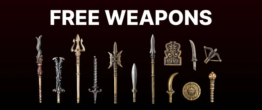 Miniature swords, spears, shields and a crossbow beneath the words Free Weapons.