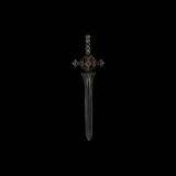 Dark miniature sword with an ornate crossguard on a black background