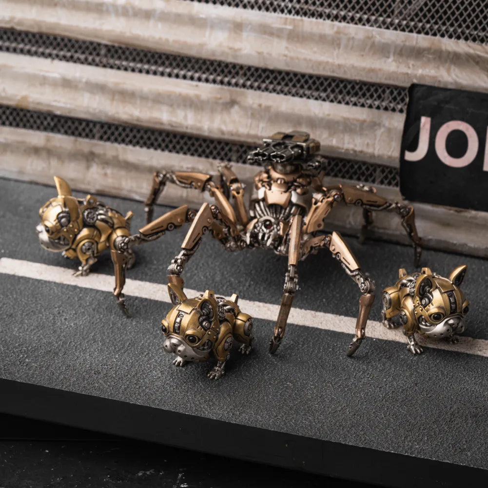Mechanical dog figures displayed in different poses on a dark shelf.