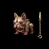 A gold-tone mechanical dog figure with reddish details beside a key on a chain.