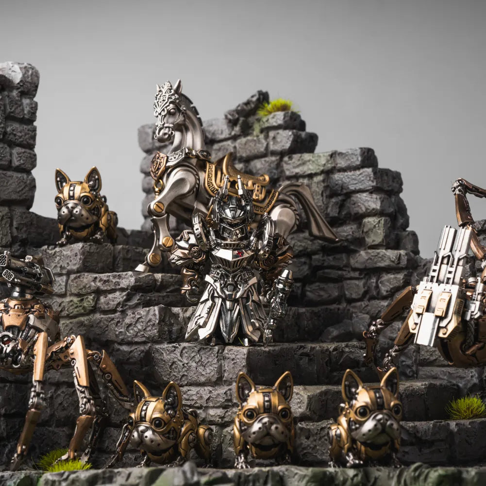 Mechanical dog and warrior figures arranged on a stone castle display.