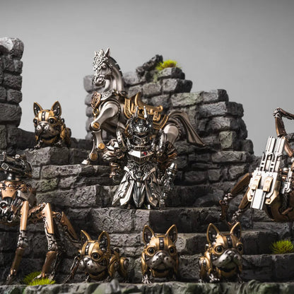 Mechanical dog and warrior figures arranged on a stone castle display.