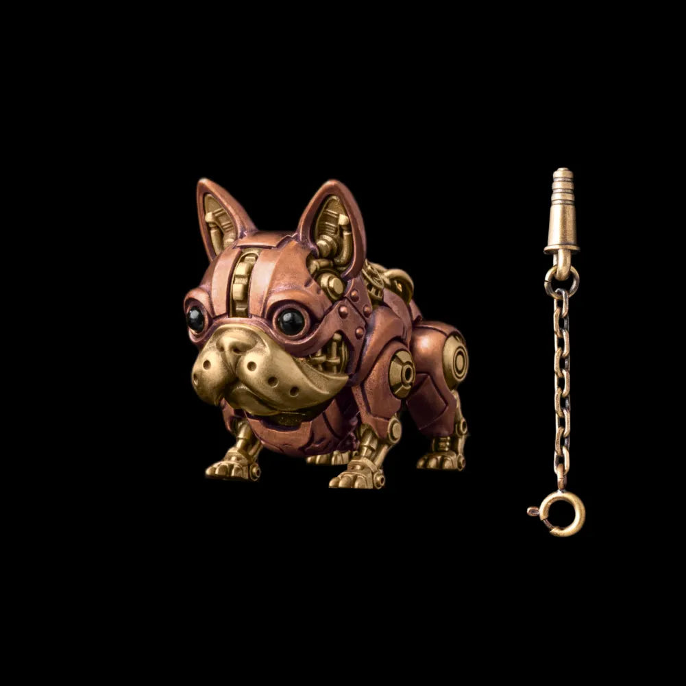 A reddish mechanical dog figure with gold-tone details beside a key on a chain.