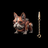 A reddish mechanical dog figure with silver-tone details beside a key on a chain.