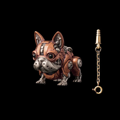 A reddish mechanical dog figure with silver-tone details beside a key on a chain.