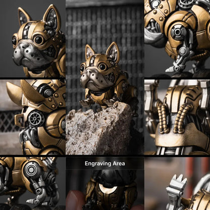 Collage showing a mechanical dog figure, its joint details and an engraving area.