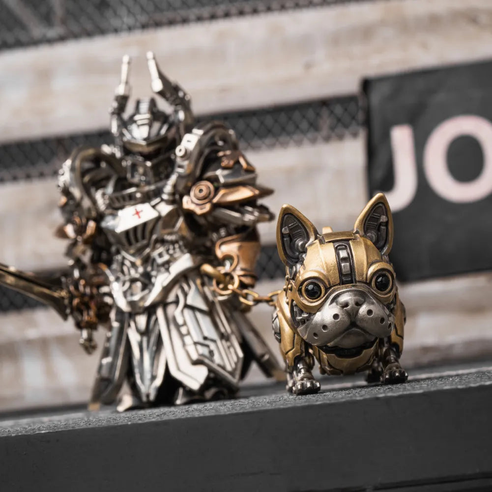 A mechanical dog figure beside an armored knight figure on a stone ledge.