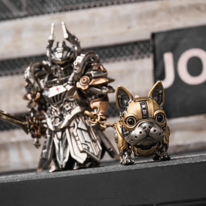 A mechanical dog figure beside an armored knight figure on a stone ledge.