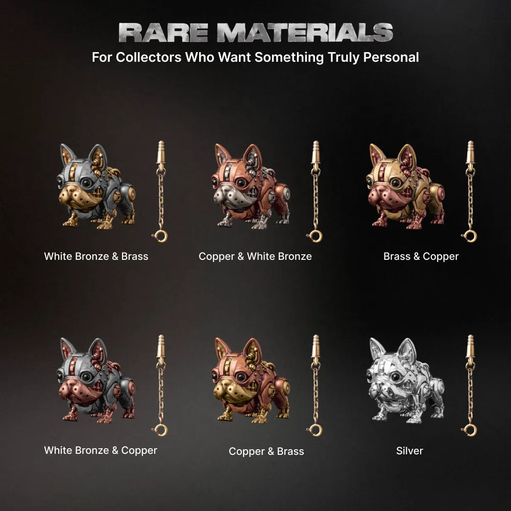 Six mechanical dog figures in different metal colors on a dark background.