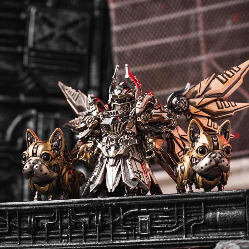Mechanical dog figures beside a winged armored figure with a red jewel.