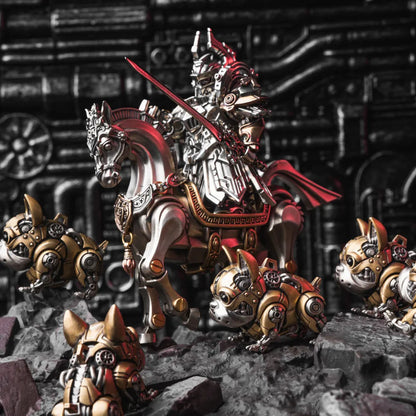 Mechanical dog figures arranged beside a mounted armored knight.