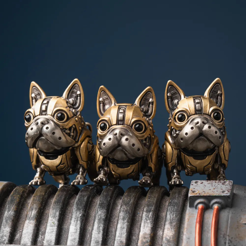 Three mechanical dog figures standing on a dark curved surface against a blue background.