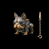 A silver-tone mechanical dog figure with gold-tone details beside a key on a chain.