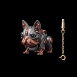 A silver-tone mechanical dog figure with reddish details beside a key on a chain.