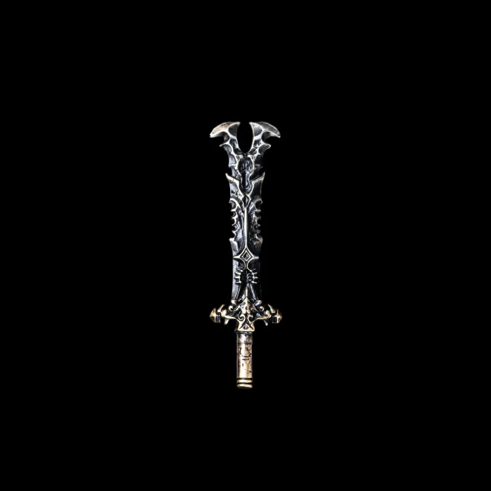 Oathrender sword with a split blade tip against a black background