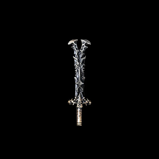 Oathrender sword with a split blade tip against a black background