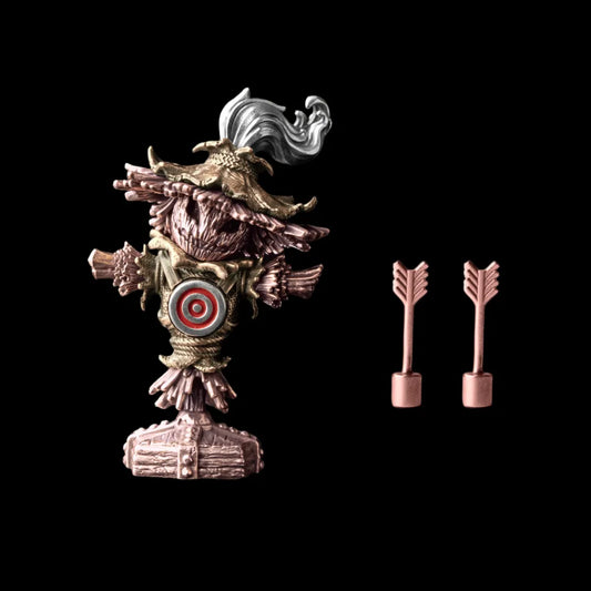 Scarecrow Training Dummy with two miniature arrows against black
