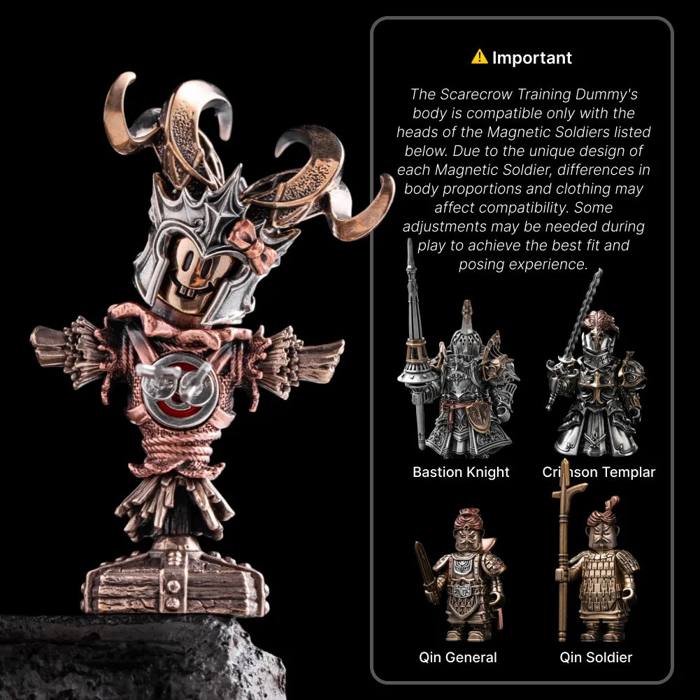 Scarecrow Training Dummy with a horned head and comparison figures