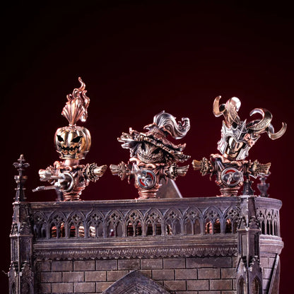 Scarecrow heads and figures arranged on a railing