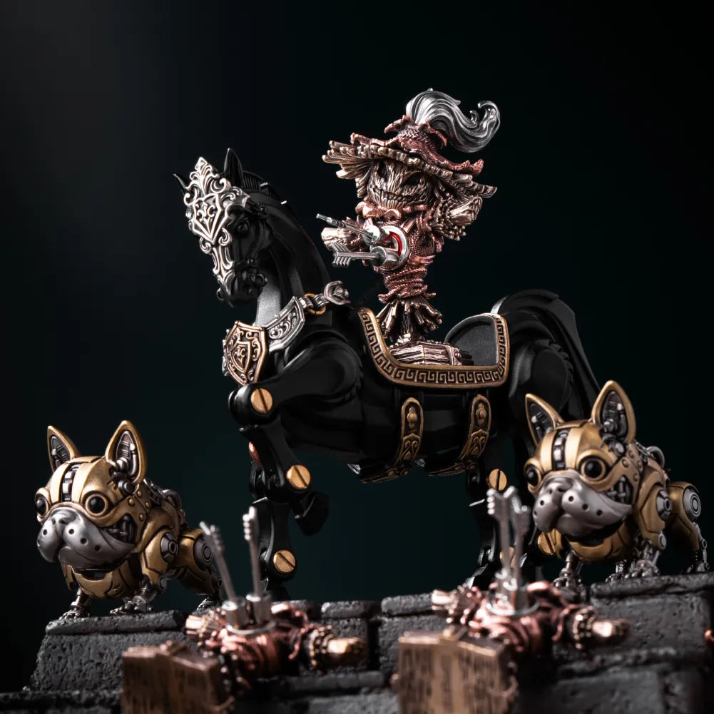 Scarecrow figure on a horse with other miniature figures