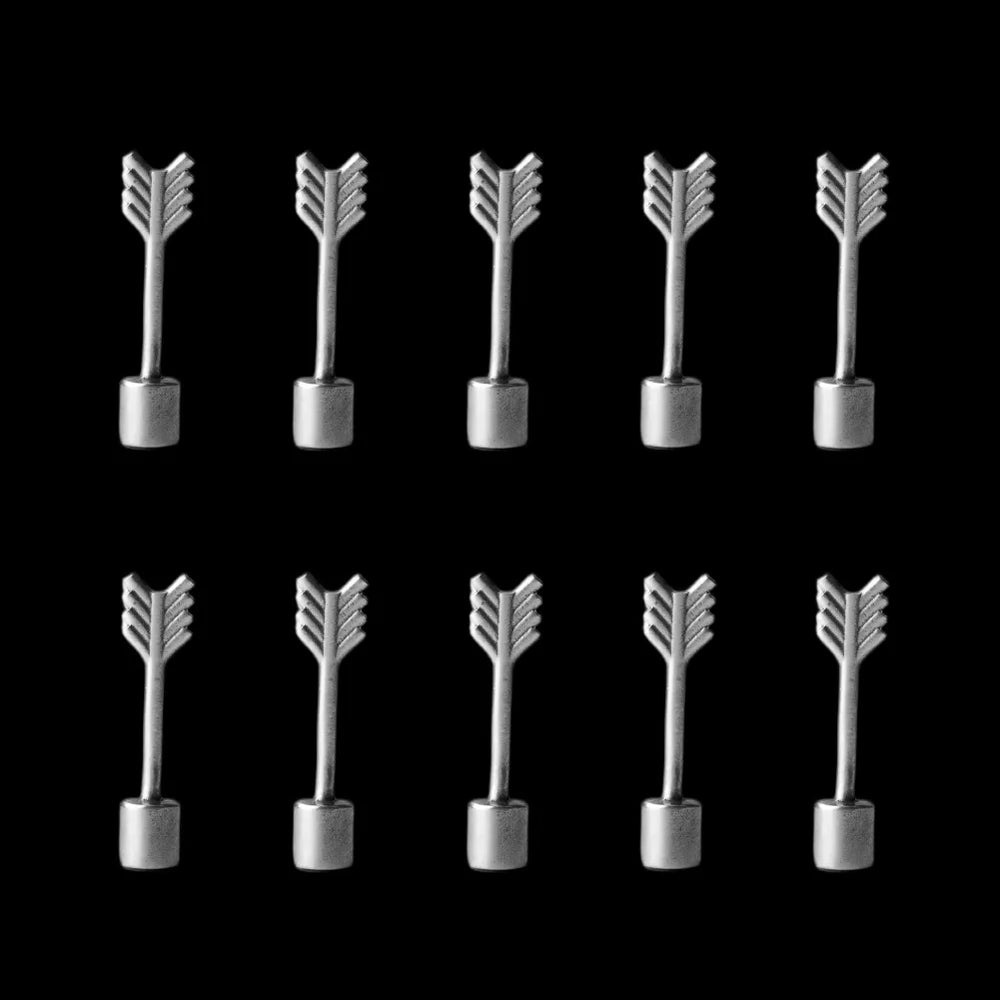 Ten miniature arrows against a black background
