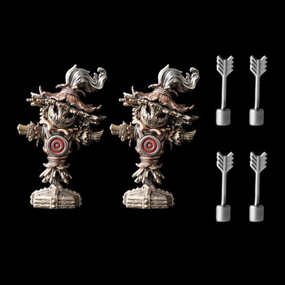 Two Scarecrow Training Dummy figures with four arrows