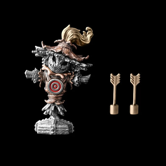 Scarecrow Training Dummy with two miniature arrows against black