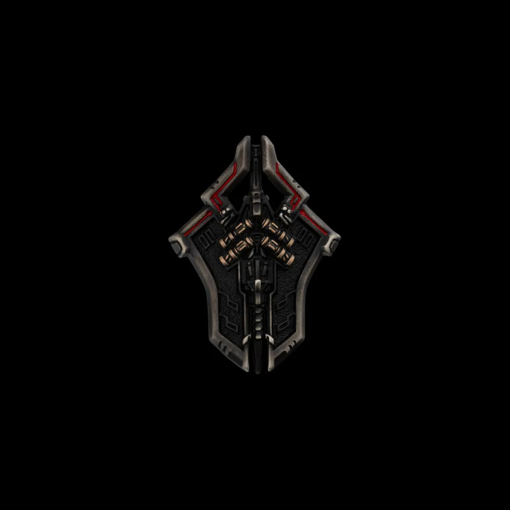 Dark miniature shield with angular borders and red accents on a black background