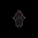 Dark miniature shield with angular borders and red accents on a black background