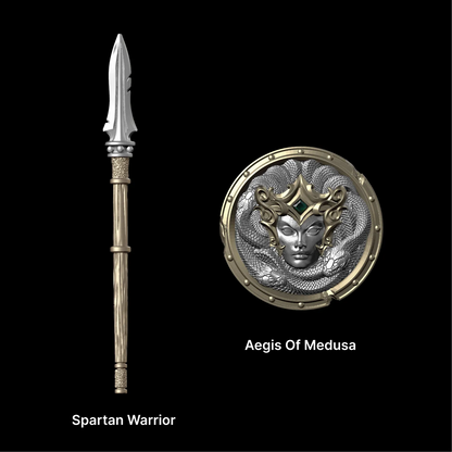 Spartan Dory spear and Aegis of Medusa shield against black