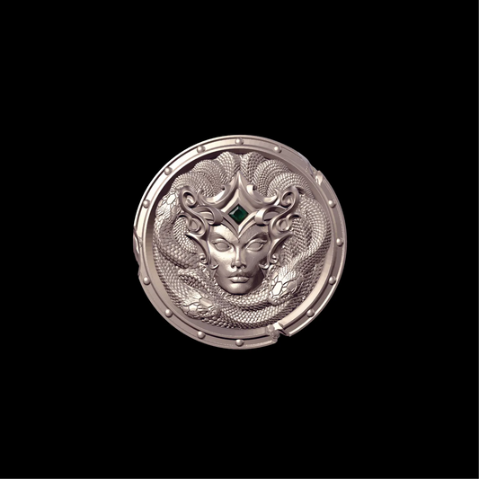 Aegis of Medusa shield against a black background