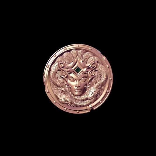 Aegis of Medusa shield against a black background