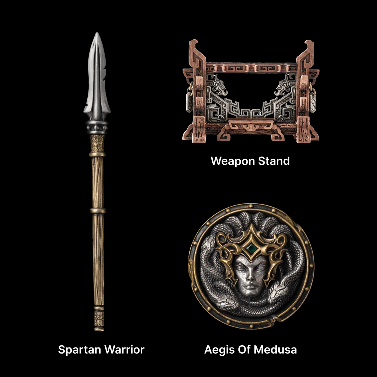 Miniature spear, round Medusa shield and weapon rack on a black background